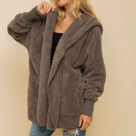 Faux Fur Sherpa Plush Hoodie Jacket Coat Cardigan - Picture 4 of 4